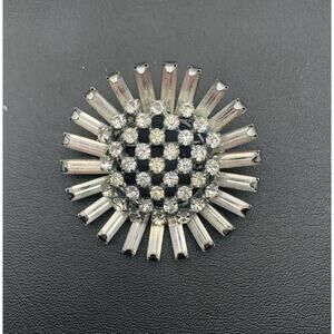 Vintage Silver Tone Sunburst Flower Clear Rhinestone Brooch
